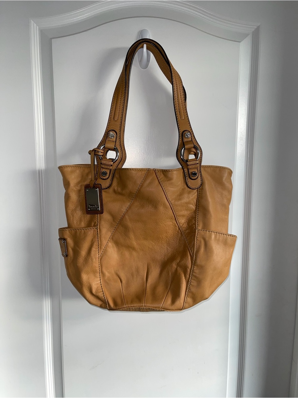 Tignanello Mustard Yellow Leather Tote Bag Large Shoulder Purse Multi Pocket Bag